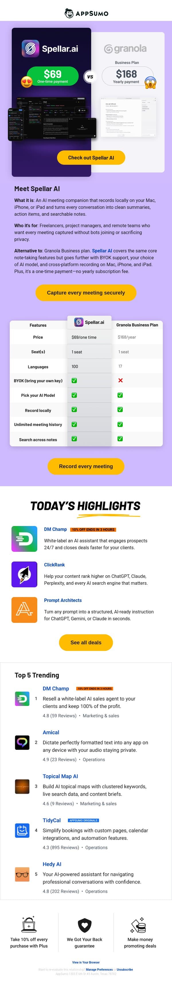Look ma, no bots email from AppSumo screenshot