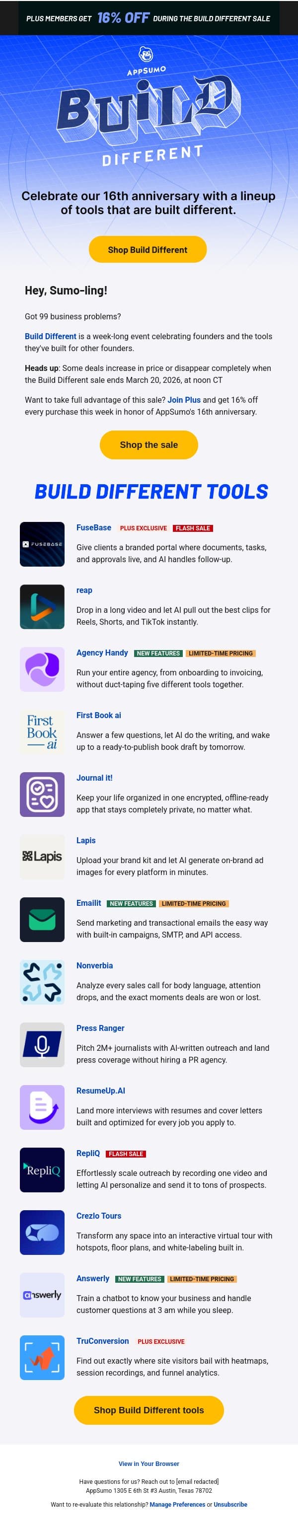 The Build Different sale is here email from AppSumo screenshot