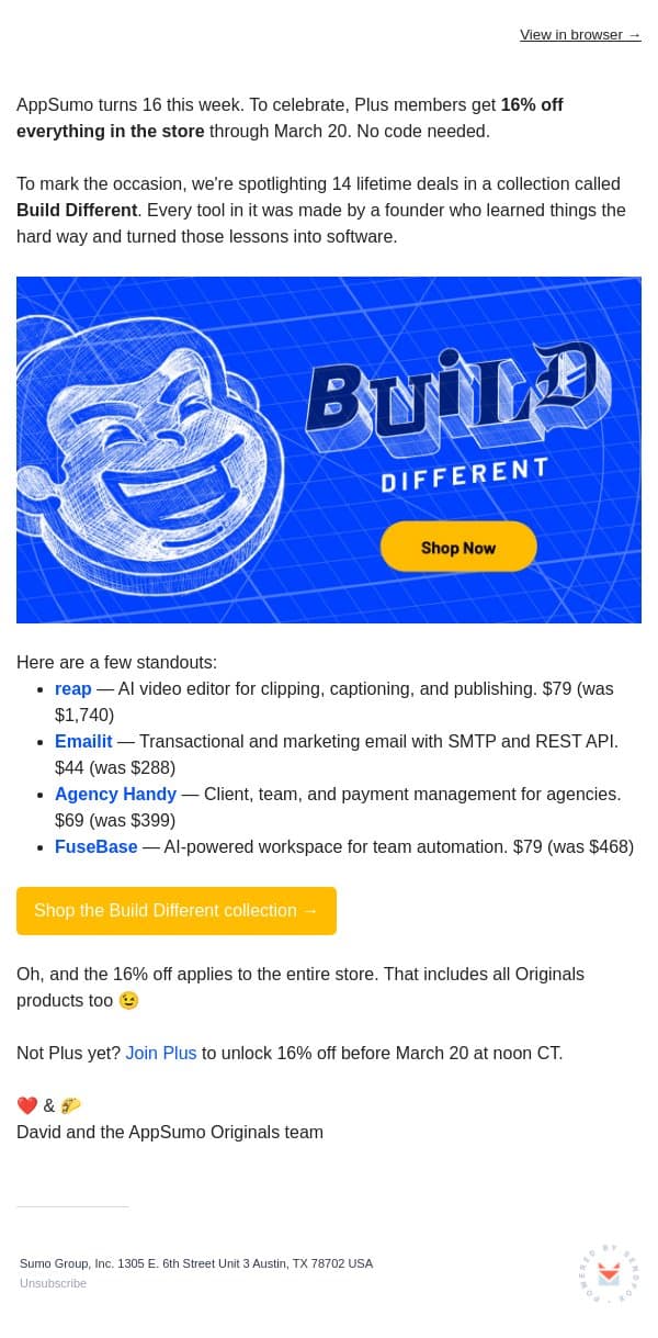 16% off sitewide email from AppSumo screenshot