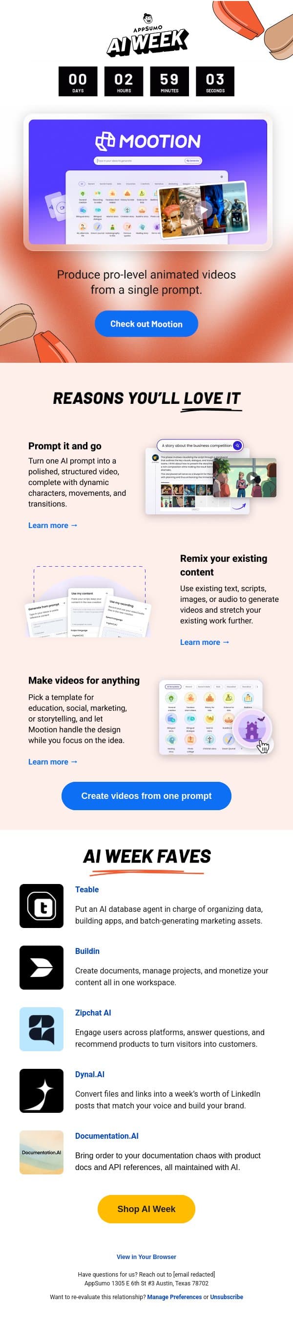 Lights, camera, Mootion email from AppSumo screenshot
