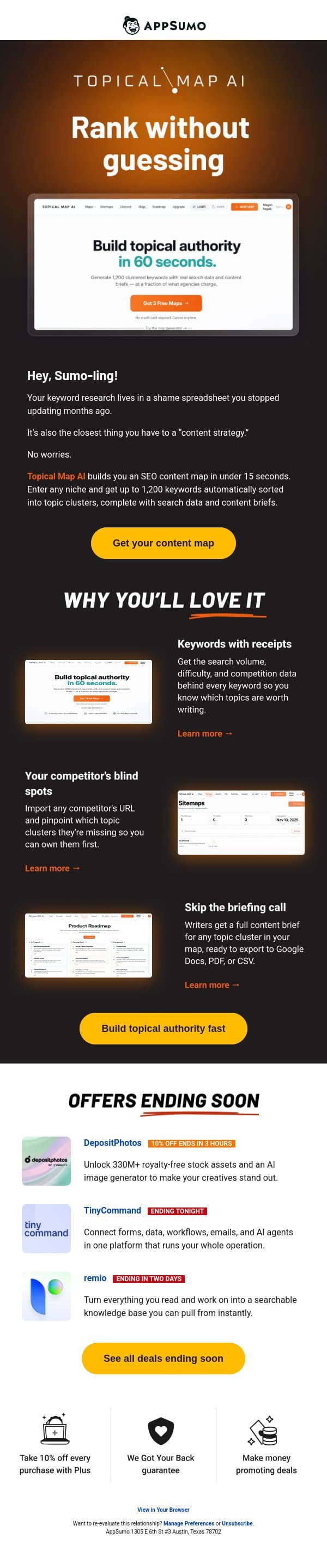 X marks the top email from AppSumo screenshot