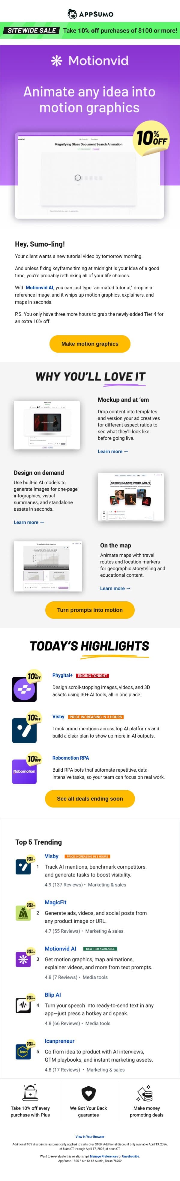 Set in Motionvid email from AppSumo screenshot