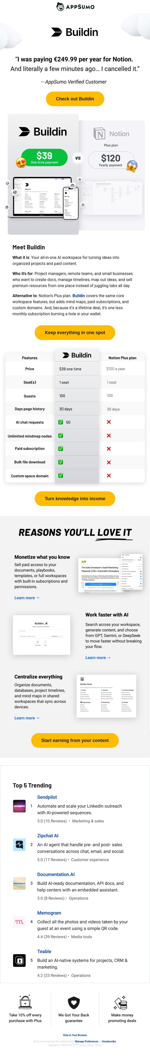 Buildin blocks email from AppSumo screenshot