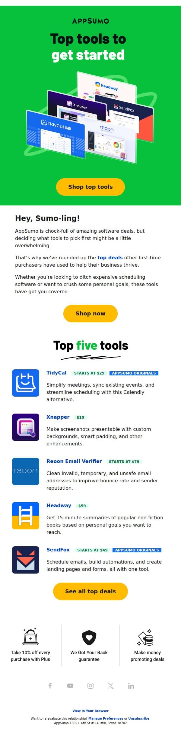Top five tools to get started email from AppSumo screenshot