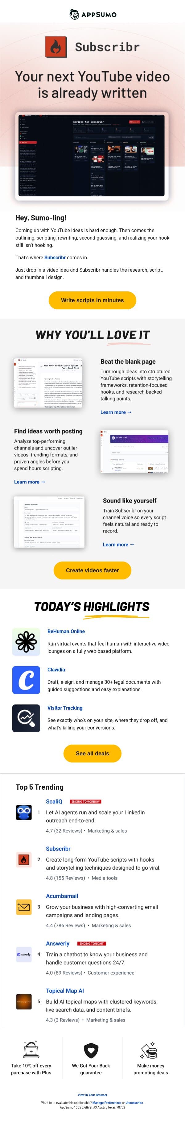 Hook, line, and Subscribr email from AppSumo screenshot