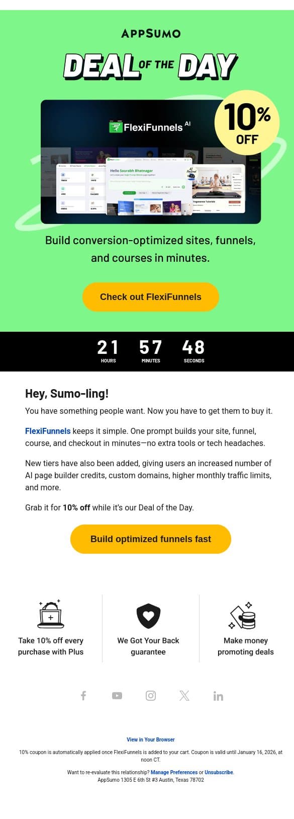 Deal of the Day: FlexiFunnels (10% off!) email from AppSumo screenshot