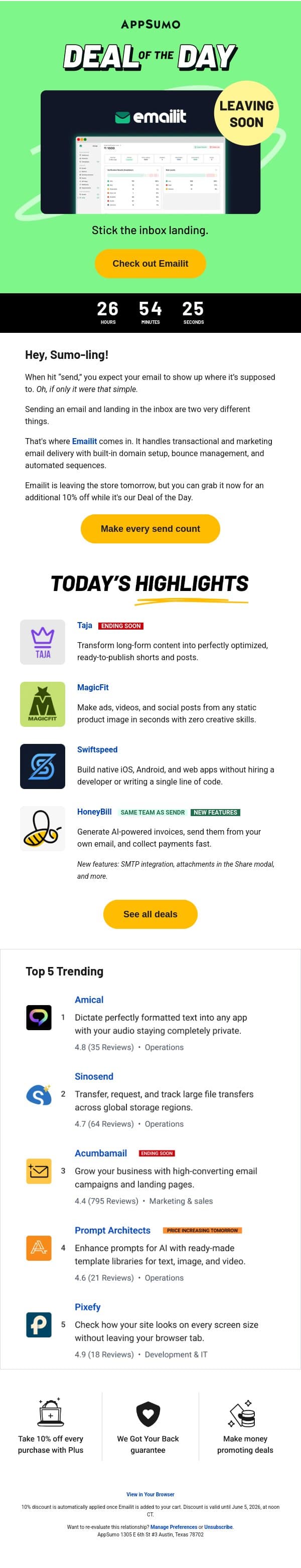 Deal of the Day: Emailit (10% off!) email from AppSumo screenshot