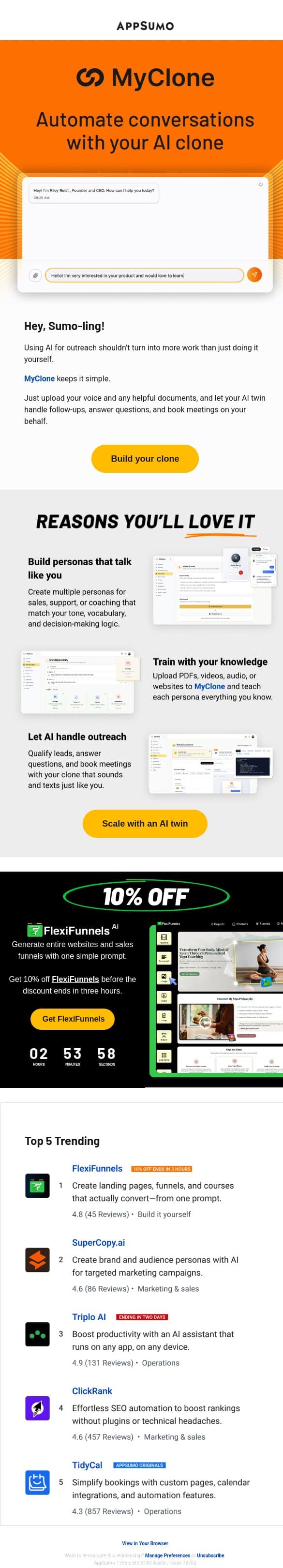 Me, MyClone, and I email from AppSumo screenshot