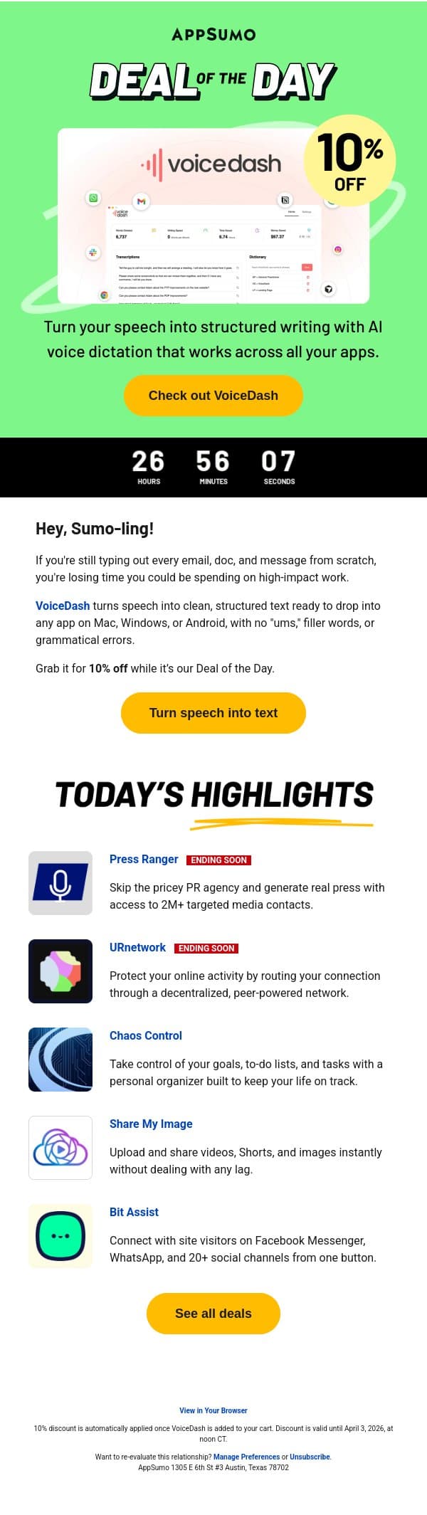 Deal of the Day: VoiceDash (10% off!) email from AppSumo screenshot