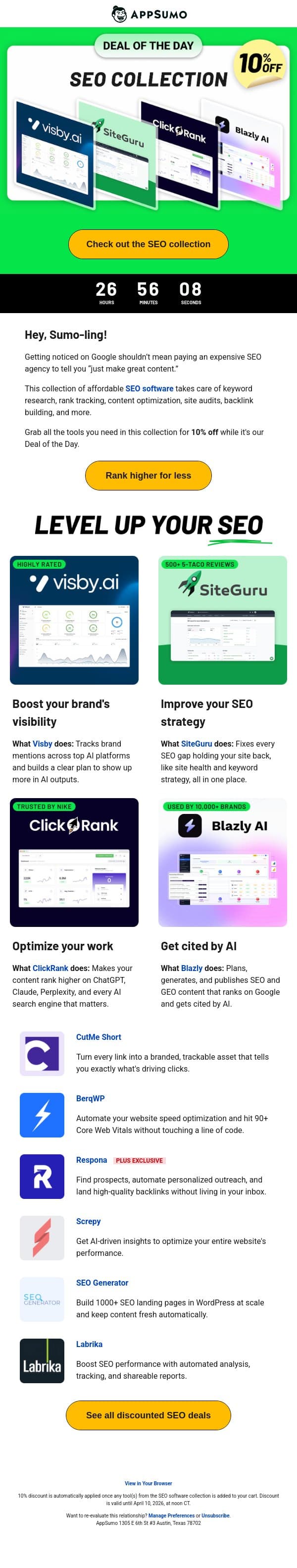 Deal of the Day: Must-have SEO tools (10% off!) email from AppSumo screenshot