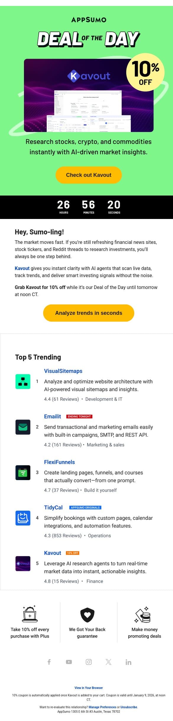 Deal of the Day: Kavout (10% off!) email from AppSumo screenshot
