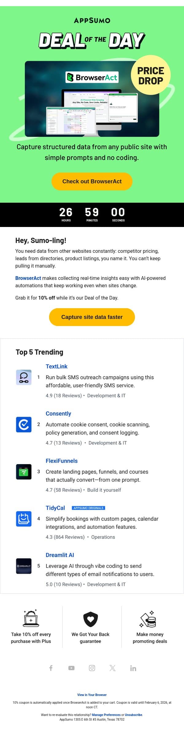 Deal of the Day: BrowserAct (10% off!) email from AppSumo screenshot