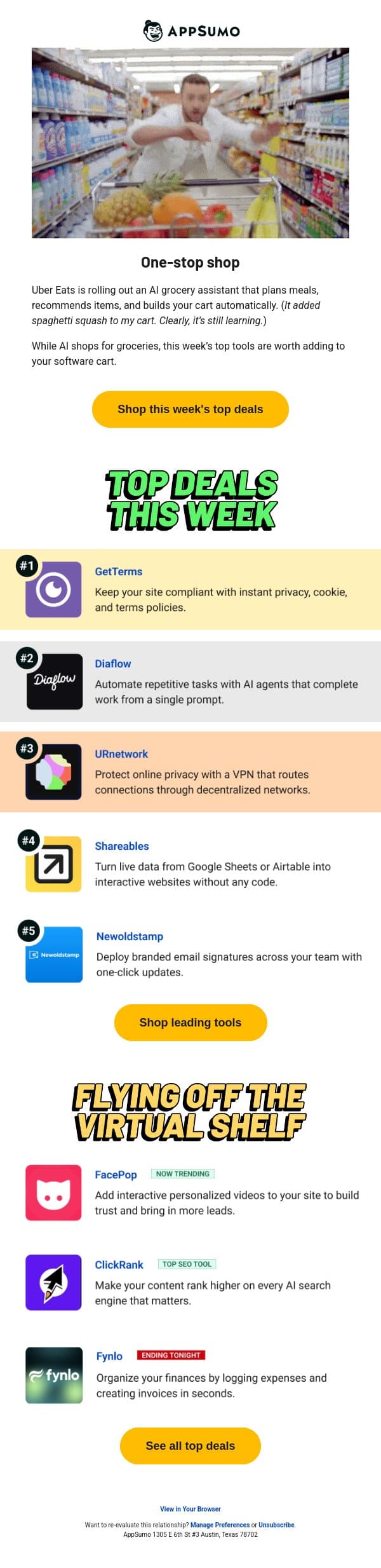 Today’s menu email from AppSumo screenshot