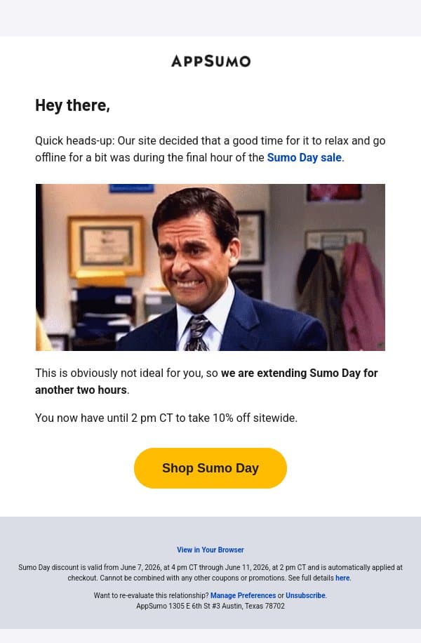 Uh-oh email from AppSumo screenshot