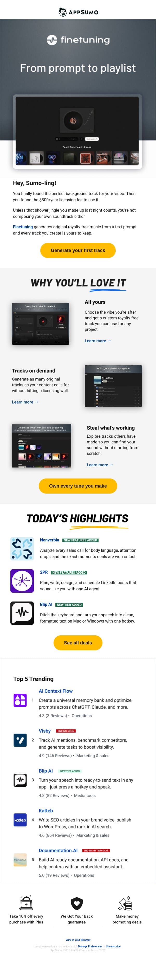 Hit the right note email from AppSumo screenshot
