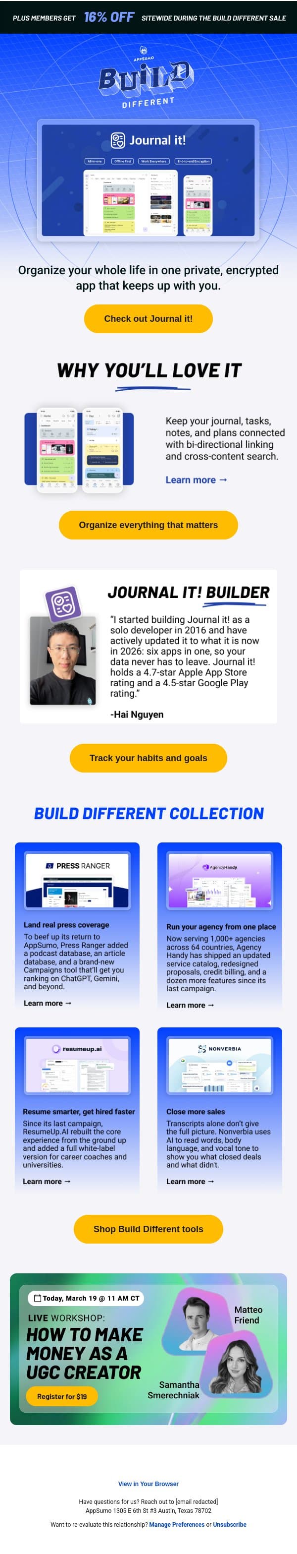 Note to self email from AppSumo screenshot