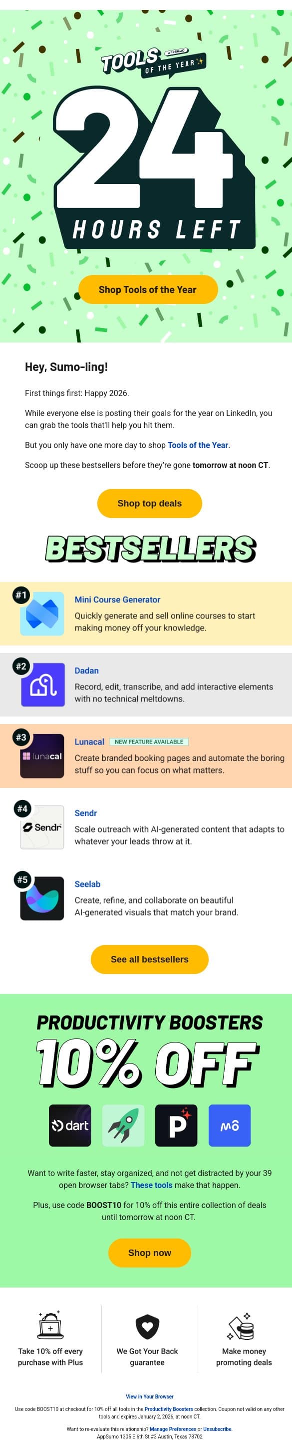 Last chance for Tools of the Year email from AppSumo screenshot