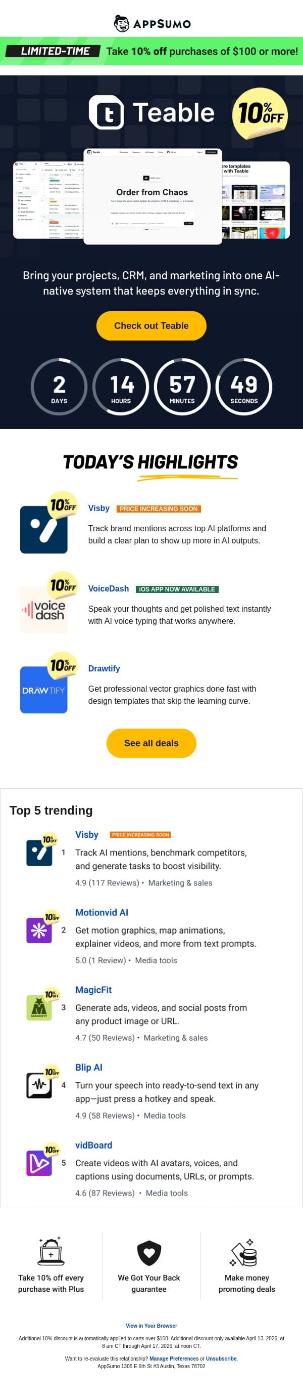 All on the Teable email from AppSumo screenshot