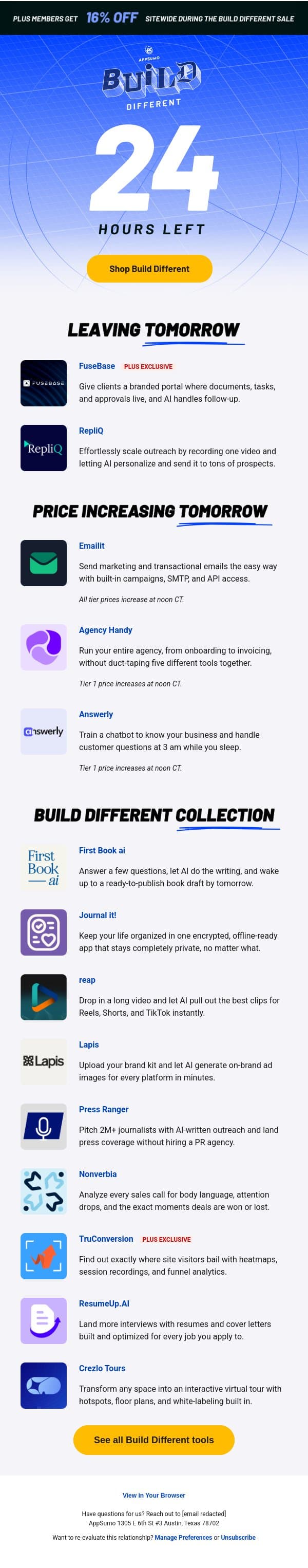 Final 24 hours of Build Different email from AppSumo screenshot