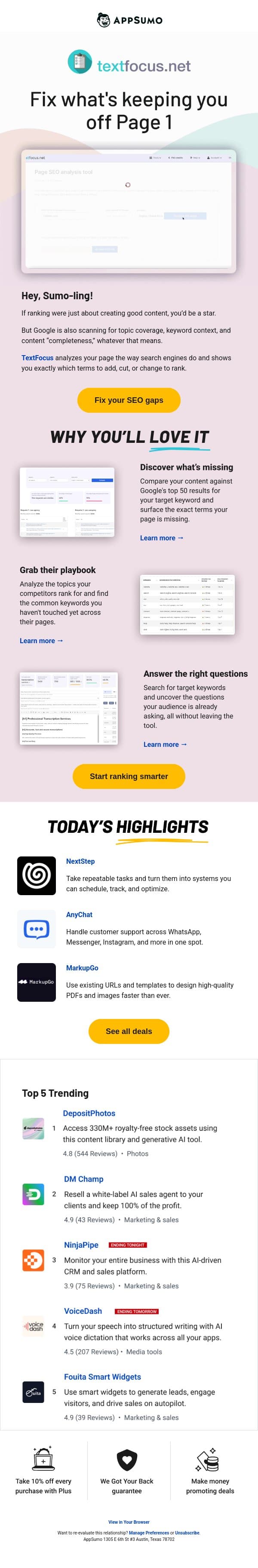 Hocus focus email from AppSumo screenshot