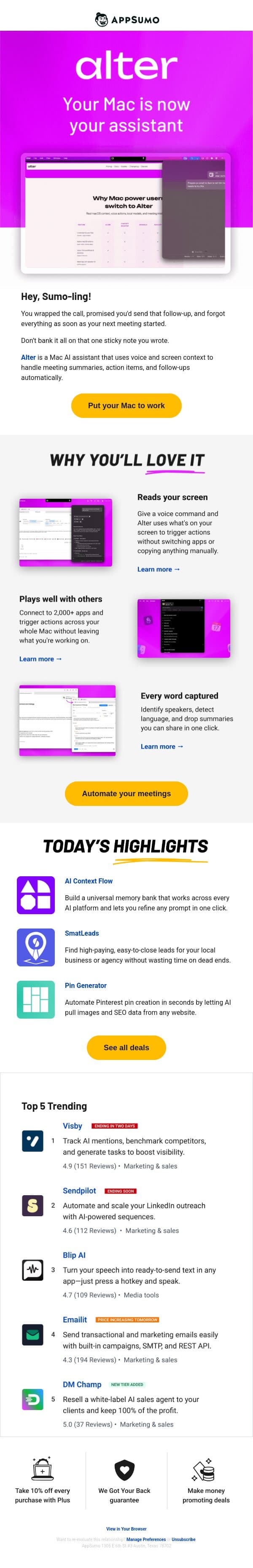 Alter ego email from AppSumo screenshot