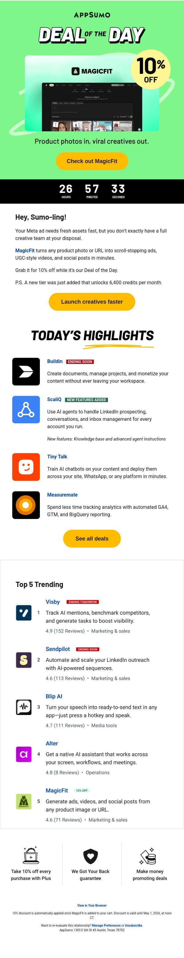 Deal of the Day: MagicFit (10% off!) email from AppSumo screenshot