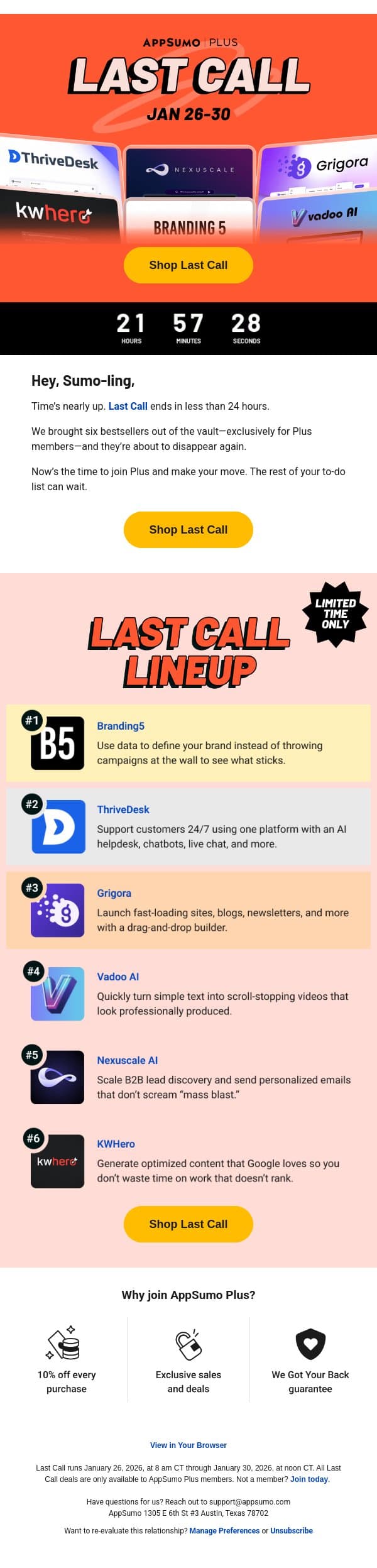 Last day of Last Call email from AppSumo screenshot