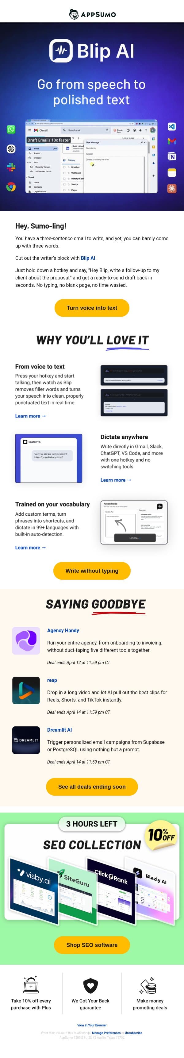 Say the word email from AppSumo screenshot