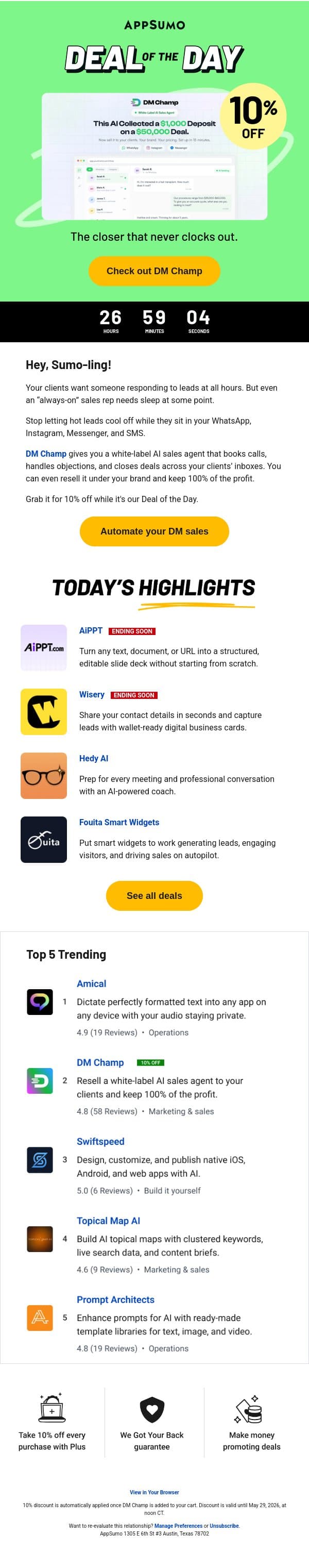 Deal of the Day: DM Champ (10% off!) email from AppSumo screenshot