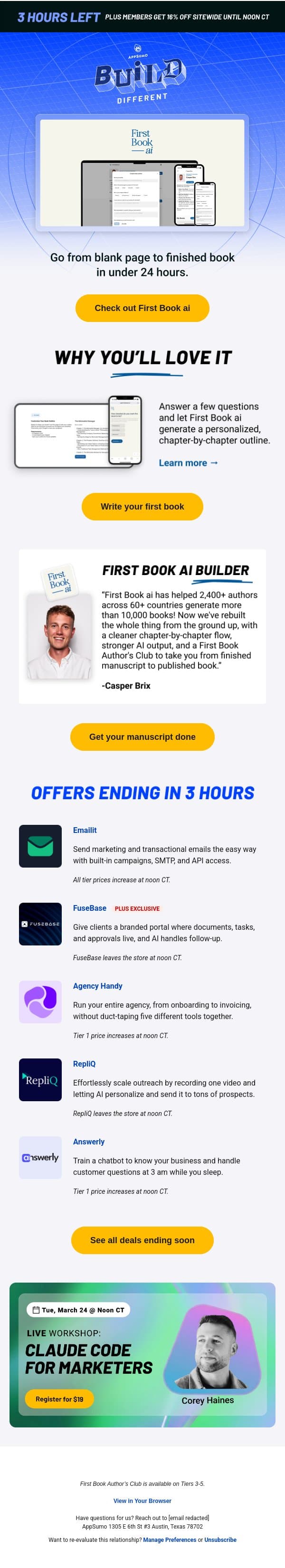 An open book email from AppSumo screenshot