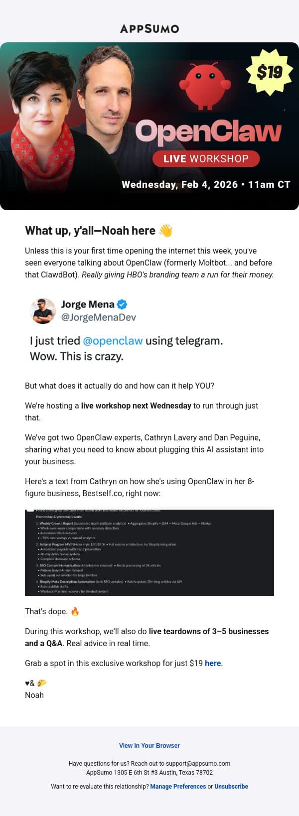 [Live workshop] OpenClaw in action email from AppSumo screenshot