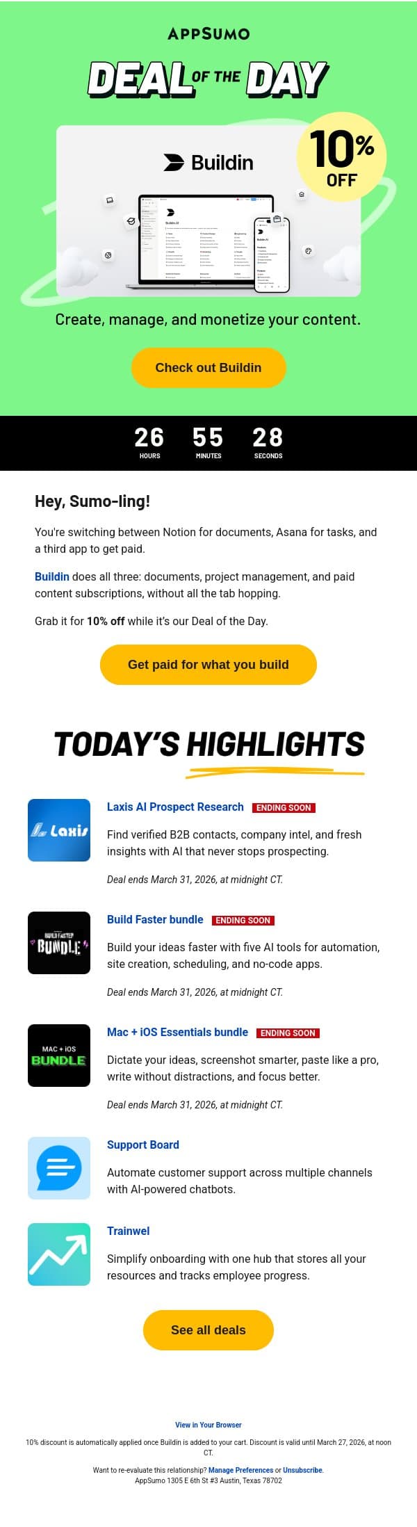 Deal of the Day: Buildin (10% off!) email from AppSumo screenshot