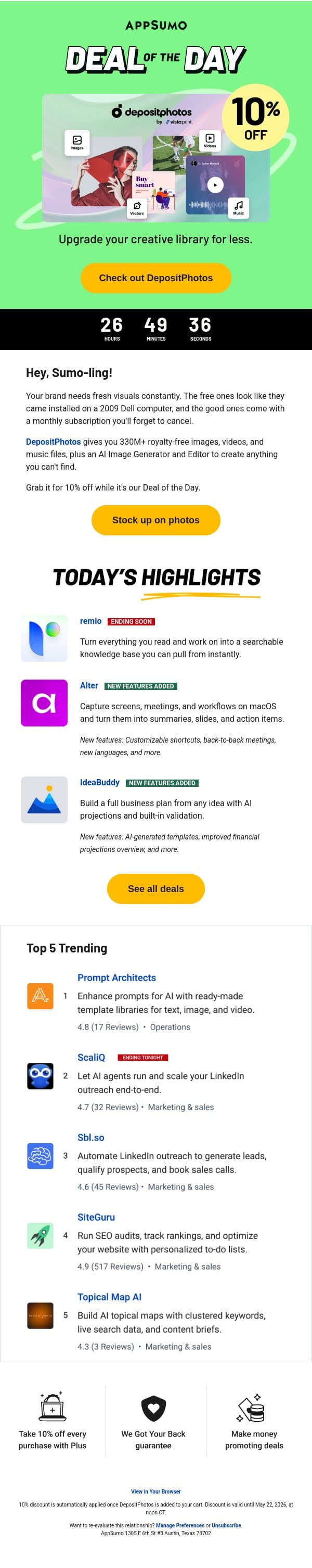 Deal of the Day: DepositPhotos (10% off!) email from AppSumo screenshot