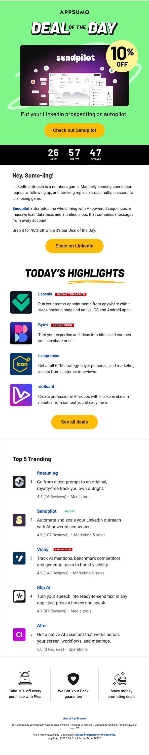 Deal of the Day: Sendpilot (10% off!) email from AppSumo screenshot