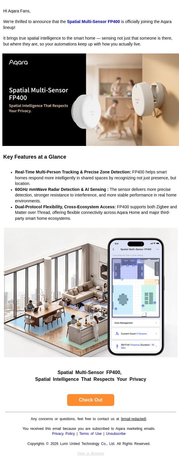 Meet Aqara Spatial Multi-Sensor FP400: Automations That Know Where You Are email from Aqara screenshot