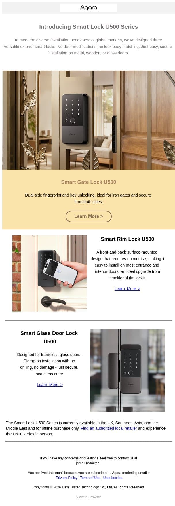 Upgrade Your Home with Our New Smart Locks email from Aqara screenshot