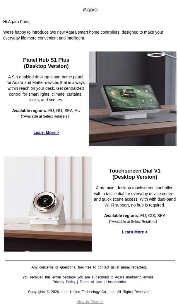 Elevate Your Home with New Smart Home Controllers email from Aqara screenshot