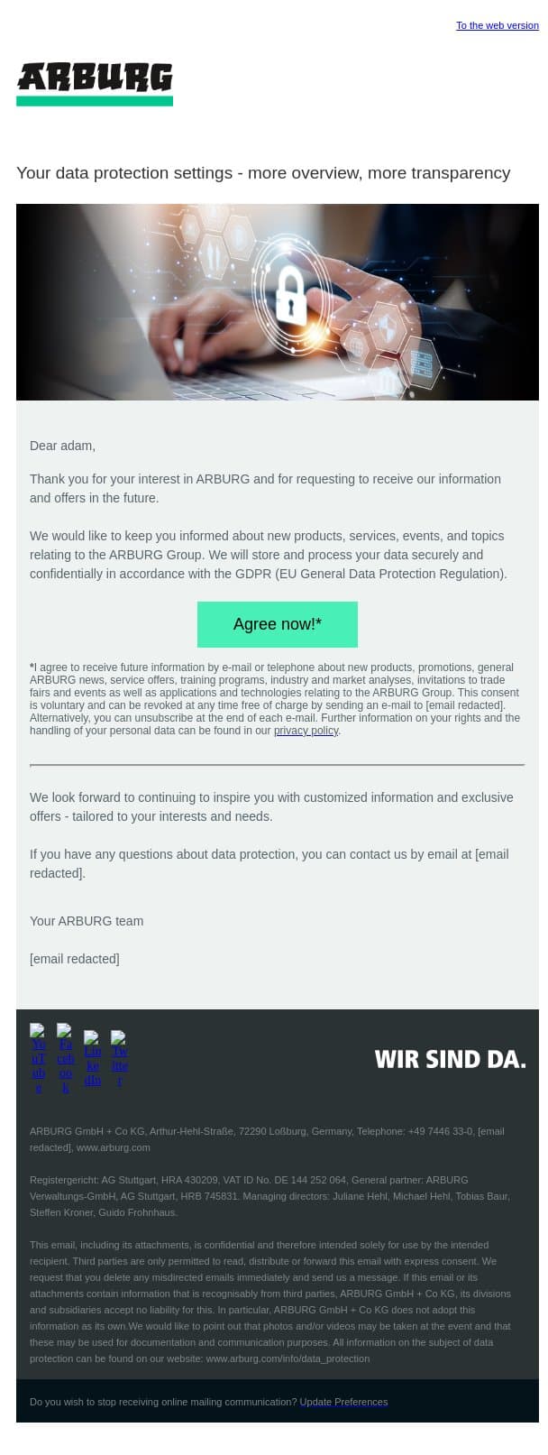 Your ARBURG data protection settings - more overview, more transparency email from Arburg screenshot