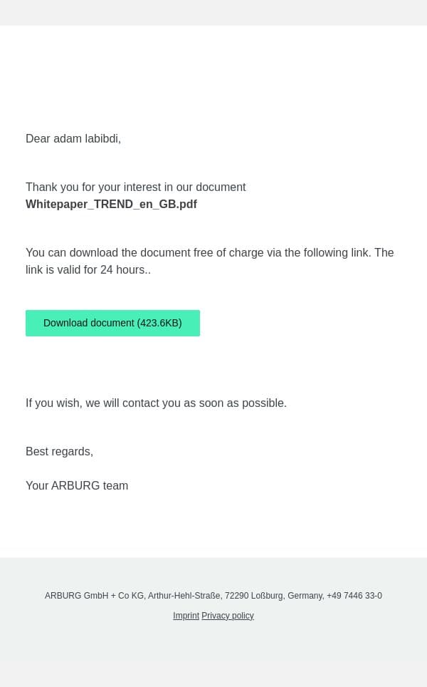 Your Download email from Arburg screenshot