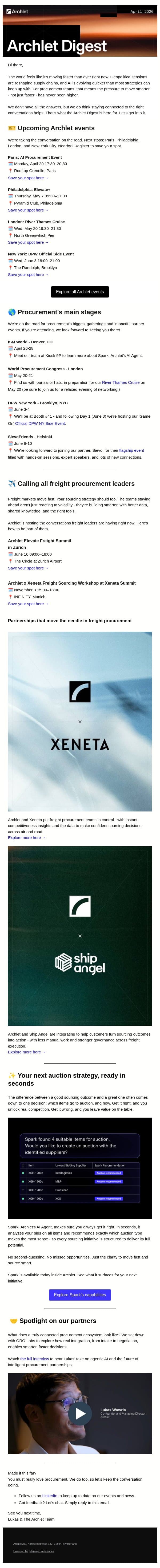 [Archlet Digest] Events around the world, join us? email from Archlet screenshot
