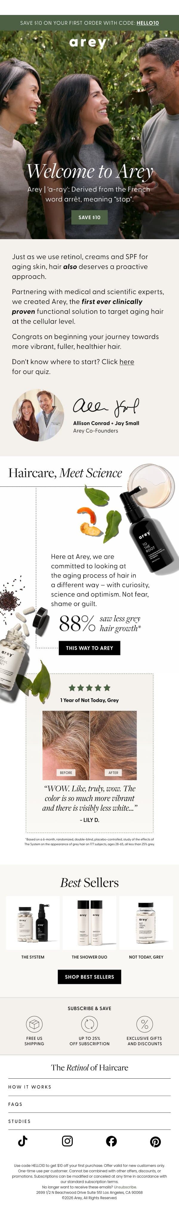 Welcome to Arey + Save $10 email from Arey screenshot