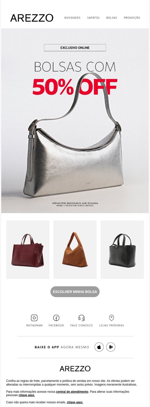BOLSAS COM 50% OFF email from Arezzo screenshot
