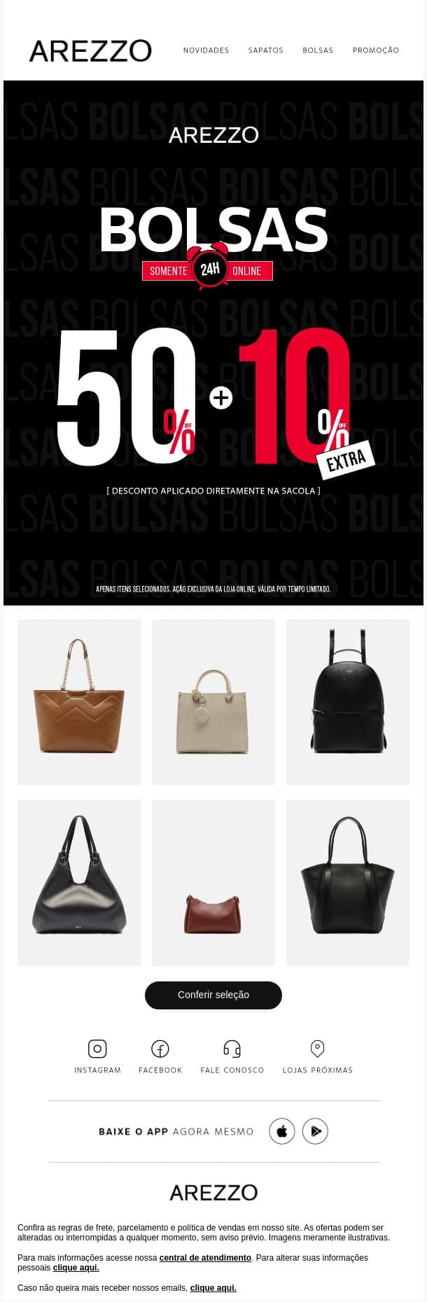 Sua nova bolsa com 50% OFF + 10% EXTRA email from Arezzo screenshot