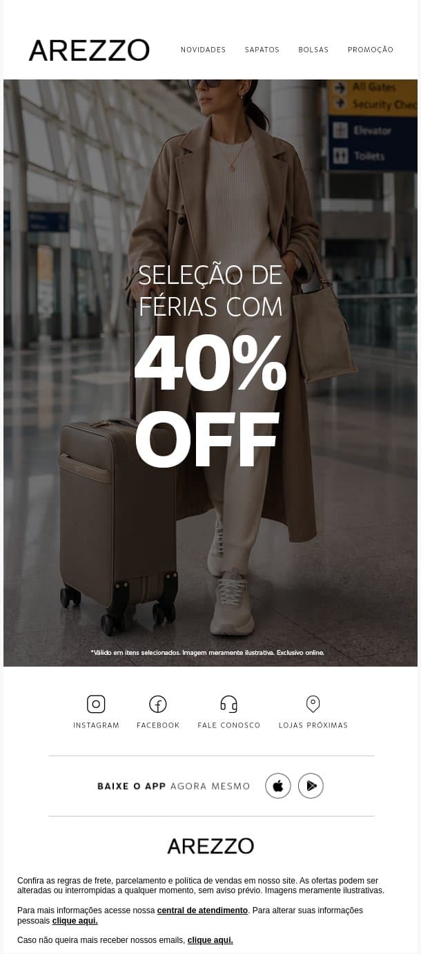 Seleção de férias com 40% OFF 🛫 email from Arezzo screenshot