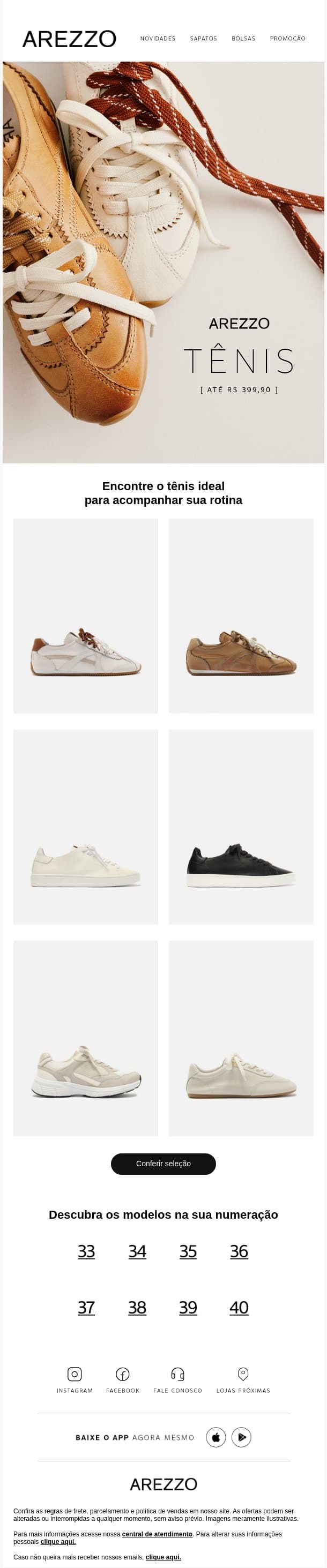 O tênis perfeito para você: até R$399 email from Arezzo screenshot
