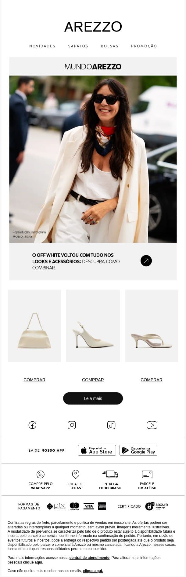 O OFF WHITE VOLTOU COM TUDO email from Arezzo screenshot