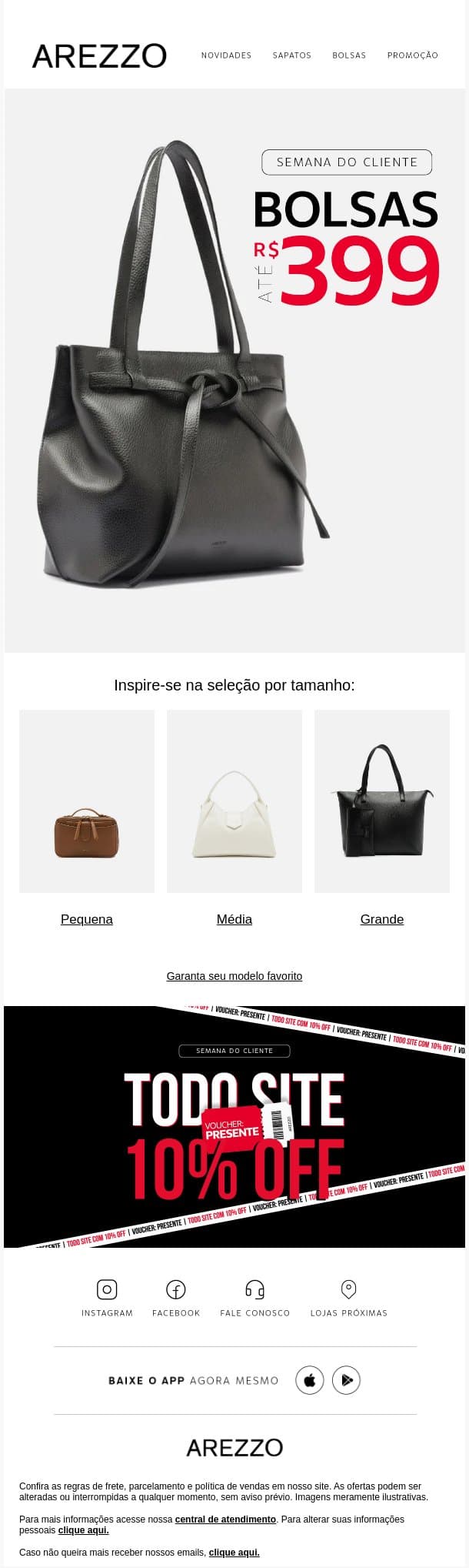 BOLSAS ATÉ R$ 399 email from Arezzo screenshot