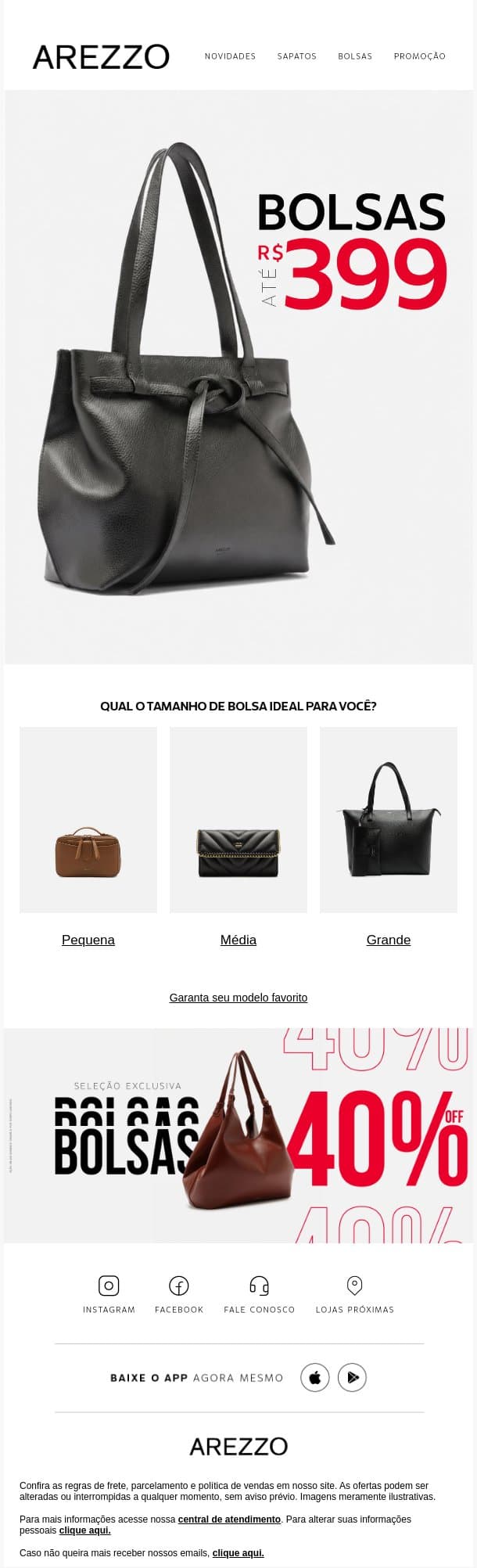 BOLSAS ATÉ R$ 399 🤑 email from Arezzo screenshot