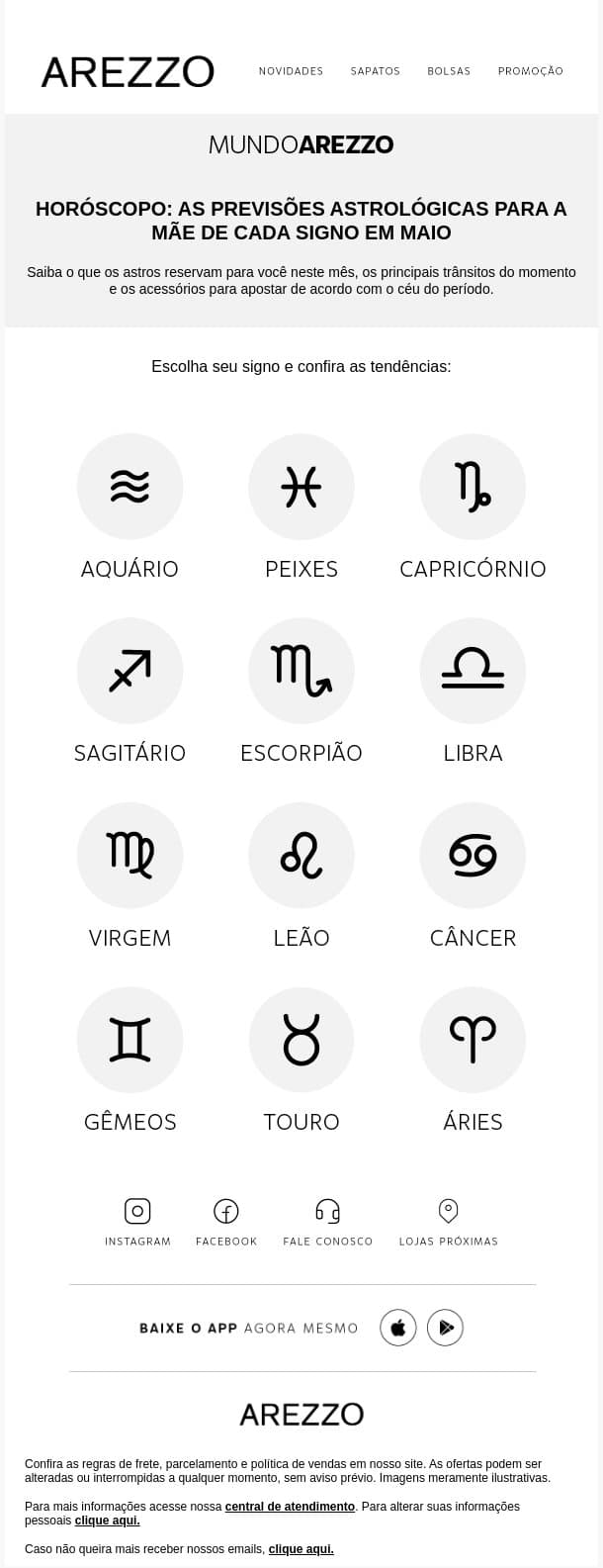 Horóscopo Arezzo chegou! 🔮 email from Arezzo screenshot