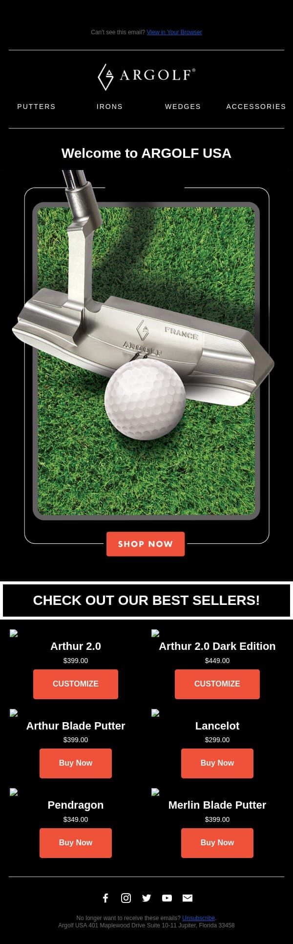 Welcome to ARGOLF USA email from Argolf screenshot